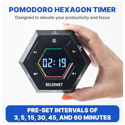 Pomodoro Timer,Hexagon Cube Magnetic Flip,ADHD Tools for Adults/Kids Task Timer for Office, Study, Exercise, Meditation,3/5/15/30/45/60min&Custom Digital Countdown, Adjustable Sound,Black