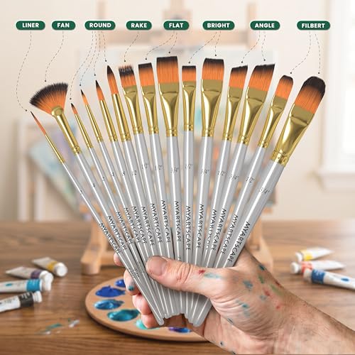 MyArtscape Paint Brush Set - 15 Short Handle Taklon Artist Brushes | 15 Taklon paint brushes for watercolor acrylic oil gouache and face painting with short handles for precision
