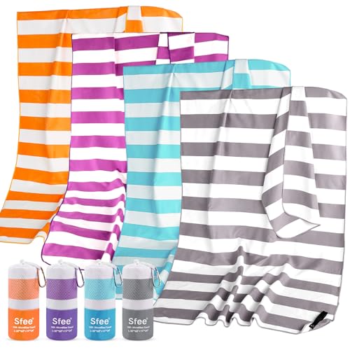 Sfee 2 in 1 Microfiber Beach Towel, Quick Dry Towel Camping Towel Travel Towel Super Absorbent Compact Lightweight Sports Gym Towels Set for Beach, Gym, Hiking, Pool, Backpacking, Bath, Yoga - color: Grey Stripe, size: L 60"x30"+24"x15"