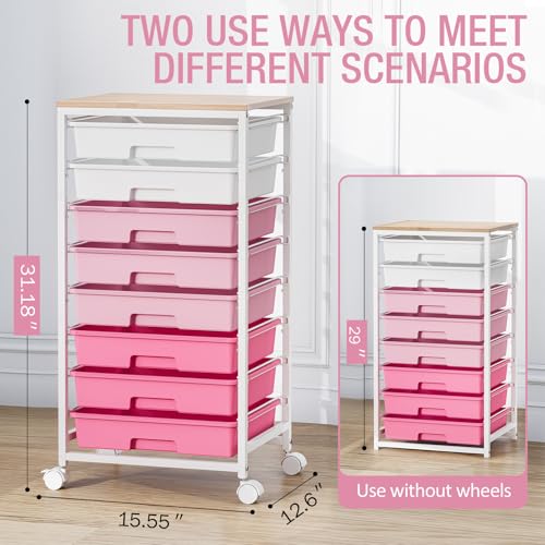 TOOLF Rolling Storage Cart with 8 Drawers,Rose Pink - color: Rose Pink