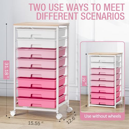 TOOLF Rolling Storage Cart with 8 Drawers,Rose Pink - color: Rose Pink