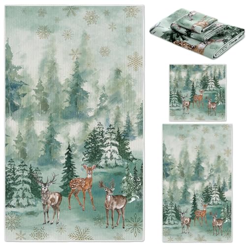 Preboun 3 Pcs Absorbent Towel Set,Green,Deer - color: Green, style: Deer