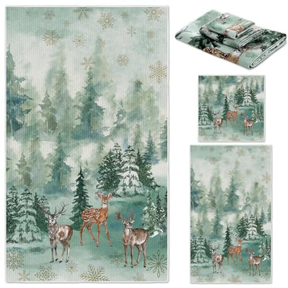 Preboun 3 Pcs Absorbent Towel Set,Green,Deer - color: Green, style: Deer