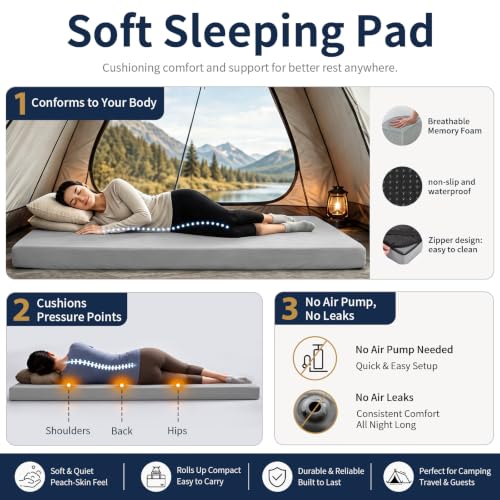 CYMULA Memory Foam Camping Mattress Pad,Sleeping Pad for Camping,Non-Slip Bottom Floor Cot Car Mattress Bed with Retaining Portable Roll up Mattress Pad Mat for Travel Truck Guest Bed Tent - color: GREY, size: Cot:72*24*3