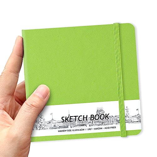 5" x 5" Hardcover Sketch Book,58 Sheets Small Mixed Media Pocket Sketch Pad | PU Cover,150 GSM Acid Free Artist Drawing Paper,Travel Journal Blank Notebook for Adults Sketching,Illustration.Hami Melon - color: 150gsm PU-hami melon green