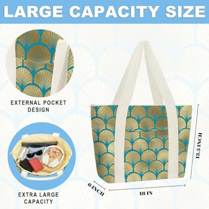 IAXIC Waterproof Tote Bag and Wet Bag Set, Summer Pattern Design for Beach Travel Gym Holiday Gifting - color: Gold Scallop