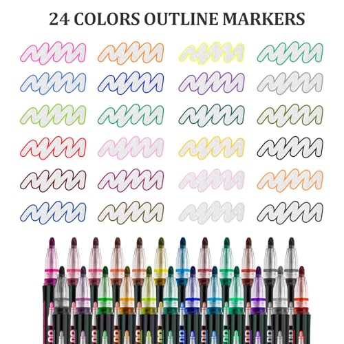 24 Shimmer Markers Outline Pens School Art Supplies Gifts Teen Girl 9-12 | School Supplies for Kids 9-12 Chriatmas Stocking Stuffers Birthday Easter Party Drawing Crafts Gifts for 4-12 Girls Teens - color: Beige