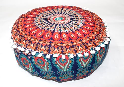 CRAFT KALA Large Hippie Mandala Meditation Floor Ottoman Pillow Cushion Pouf Cover Square Poufs Bohemian Circle Floor Cushion Case Outdoor Fireplace Yoga Living Room Decor Cover Orange, 16" Round - color: Orange, size: 16"D x 16"W x 5"H