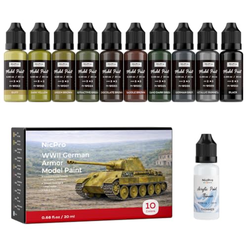 Nicpro 10 Colors WWII German Armor Model Paint Set, 20ml Ready to Use | Modeling Acrylic Paints, Brush & Airbrush Miniature Paint for Tank, Vehicles, Crews, Weapon, Terrain & Dioramas, with Thinner - style: WWII German Armor