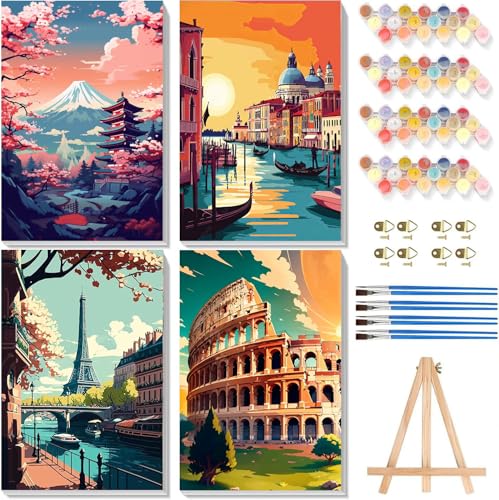 4 Pack City Travel Paint by Numbers for Adults with Framed Canvas 8x12 inch | City Adult Paint by Number Kits on Canvas with Wooden Easel, DIY Acrylic Oil Painting by Numbers for Gift Home Decor - color: BKH1343+BKH1344+BKH1345+BKH1346-US