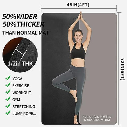 Hatha Yoga Large TPE Yoga Mat 6'x4'x1/2" Extra Thick Non-Slip Exercise Mat - for Yoga Pilates & Home Gym Workouts - color: Black