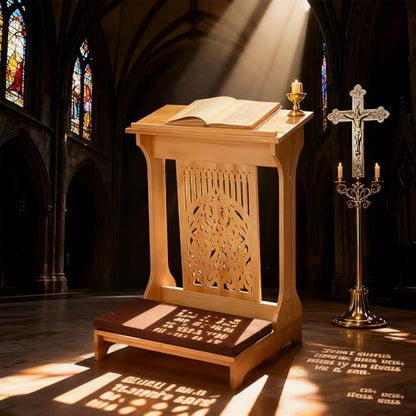 Colingmill Tree of Life Church Prayer Bench Stool Wooden Padded Kneeler with Shelf and Cushion Prayer Kneeler for Home Church Religious Gifts, 24 x 22 x 32 inches (Medium Oak Color)