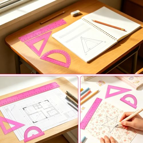 Plastic Clear Ruler Math Set - 6'' 12'' Transparent Straight Ruler, 4'' 6'' Protractor, 30/60 & 45/90 Triangle Ruler,Geometry Math Measuring Tool for School Home Office Drawing Teachers Kids Hot Pink - color: Hot Pink