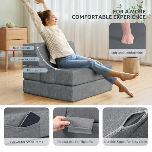 Youzi Folding Sofa Bed, Foldable Mattress for Bedroom and Living Room, 6 Inches Single Four-fold Floor Sofas for Guests, Sofa Bed Chair Floor Mattress with Washable Cover, Dark Gray, 75" x 25" x 6" - size: Single