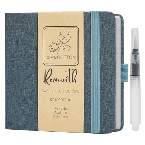 Watercolor Journal Sketchbook 5.5x5.5 24 Sheets Navy Blue | Cotton paper, 140 LB 300 GSM, Linen cover, Tap Water Pen, Travel sketching - color: Navy Blue, size: 5.5x 5.5 Inch