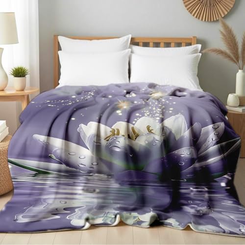 Lotus Flower on Water Print Blanket White Floral Throw Blanket Zen Flannel Throw for Couch Bed Office Yoga Room Meditation Spa Decor Gifts (59"x78") - color: Purple, size: 59"x78"