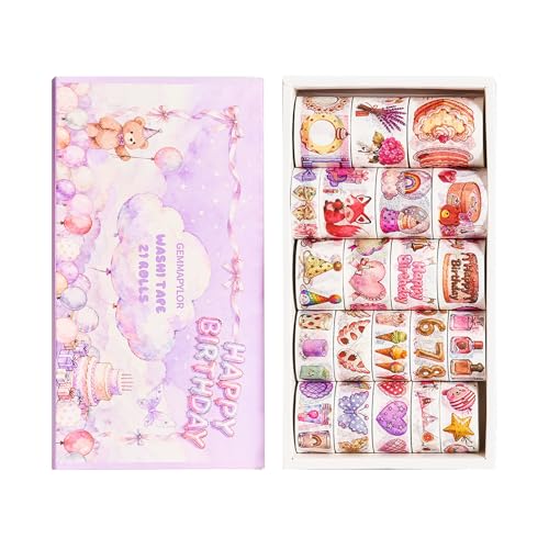 Birthday Washi Tape Set 21 Rolls for Junk Journal, Scrapbooking & DIY Craft | Thin & Cute Decorative Masking Tapes for Party Favors, Wedding Decor | 3M per Roll - style: Birthday