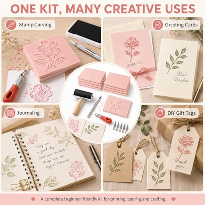 8Pcs Linoleum Blocks for Printmaking, 4 x 6 Rubber Carving Block, Stamp Carving Kit, Rubber Stamp Kit with Cutter Tools for Stamp Carving, DIY Printmaking Pink