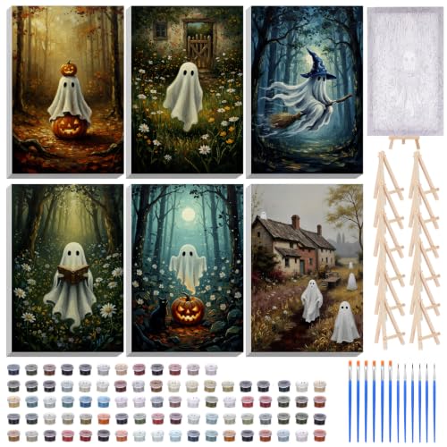 Honoson 6 Pcs Ghost DIY Paint by Number Kits for Adults | Framed Canvases with Easel, Ghost Decor, Acrylic Paints, Brushes for Beginner, Ideal for Haunted Wall Decor and Stress Relief - style: Ghost