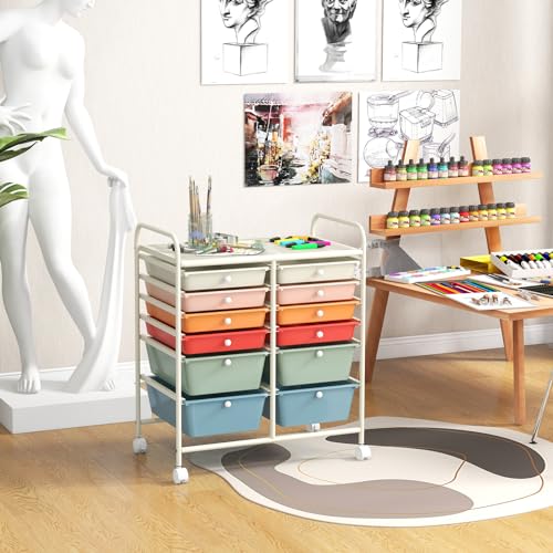 12 Drawer Rolling Storage Cart, Craft Cart Organizer on Wheels w/Metal Frame, Large Capacity & Smooth Drawer, Rolling Cart w/Drawers for Classroom, Office - color: Macaron, size: 12 Drawer
