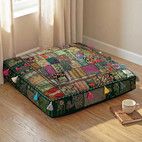 THE ART BOX Cotton Patchwork Vintage Boho Embroidered Floor Pillows & Cushion Cover Dog Pouf Seating Pouf Meditation Pillow Pet Bedding Cat Bed Boho Home Décor (35x35 Inches, Cover Only) - color: Dark Green