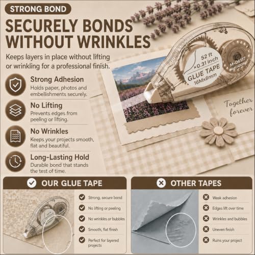 MARCADORUS Double Sided Tape Roller, Scrapbook Tape Runner Extra Long 52Ft | 52Ft x 0.31In Per Roller, 416Ft Total, Permanent, Acid-Free, Adhesive Photo Tape for Scrapbooking, Journaling & Paper Crafts - size: 52.5 Ft x 0.31 In : 8 Pack