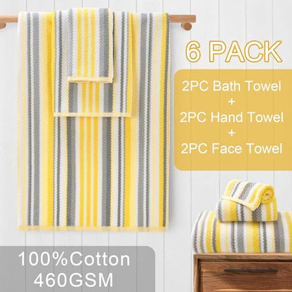 VOOVA & MOVAS Yellow Gray Towels for Bathroom 6 Pack, 100% Cotton - color: Yellow + Gray Striped, size: 6 PCS Bathroom Towels