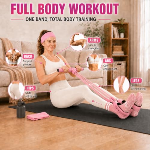 Pedal Resistance Band, Stitched Anti-Snap Elastic Pull Rope Fitness Equipment, 3-in-1 Home Workout Exercise Bands Set with Pilates Grip Socks & Headband - color: Pink, size: 95LB