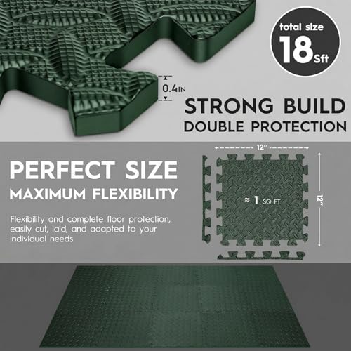 18 Pcs EVA Foam Floor Tiles, Puzzle Exercise Mat Set for Gym | Cover 18 sqft with 12.6" x 12.6" x 0.4" interlocking tiles for home gyms, garages and workout equipment - color: Evergreen