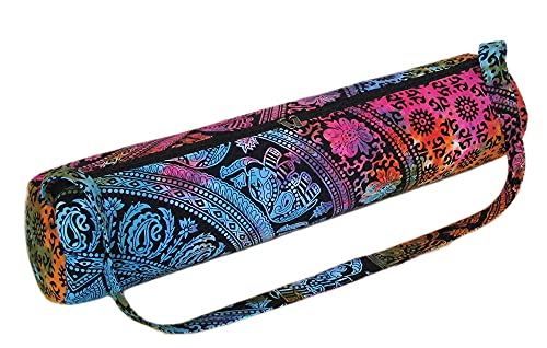 INDIAN CRAFT CASTLE ICC Yoga Mat Bag Carrier Full-Zip Exercise Yoga Mat Carry Bag for Women Men with Multi-Functional Storage Pockets and Adjustable Shoulder Strap 26X6 Inches - style: Elephant Flower Multi