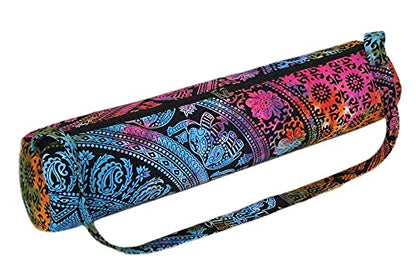 INDIAN CRAFT CASTLE ICC Yoga Mat Bag Carrier Full-Zip Exercise Yoga Mat Carry Bag for Women Men with Multi-Functional Storage Pockets and Adjustable Shoulder Strap 26X6 Inches - style: Elephant Flower Multi