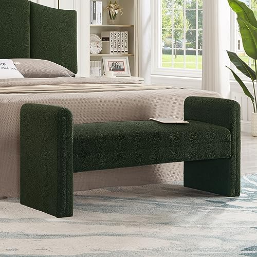 24KF Modern Upholstered Bed Bench Covered with Soft Boucle Teddy Fabric, Lovely Entryway Bench Ottoman with Armrest,5062-Dark Green - color: Dark Green Teddy Bench