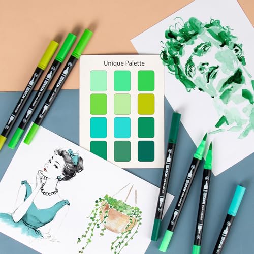 Green Duo Tip Marker Pens, 12 Fine & Brush Tip Pen For Adult Coloring Books | No Bleeding Nature Green Markers, Drawing Pen for Foliage, Landscape Drawings, Botanical Illustrations and Eco Designs - color: 12 Green