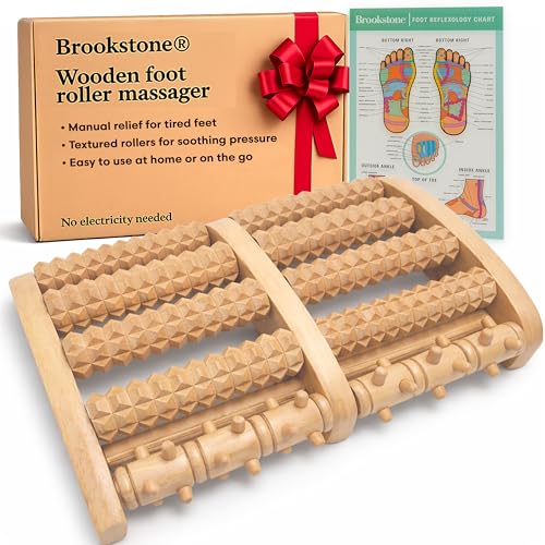 Brookstone Foot Massager Roller Plantar Fasciitis Pain Relief - Wooden Under Desk Feet Massage - Dual Manual Heel Massagers - Wood Rolling Acupressure Tool with Reflexology Guide - Gift for Men, Women