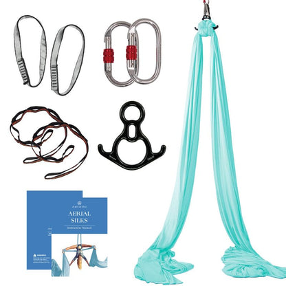 Aerial Silks Starter Kit, 9 Yards, Aerial Yoga Hammock, Hardware | Knitted fabric with pose guide, for aerial yoga, gymnastics, silk swing, stretching and home gym use, suitable for all levels - color: Light Blue