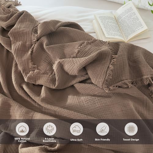 MooMee 100% Cotton Muslin Blanket, Fringed 4-Layer Gauze Bed Throw Blankets - color: Brown, size: Super King