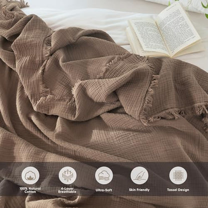 MooMee 100% Cotton Muslin Blanket, Fringed 4-Layer Gauze Bed Throw Blankets - color: Brown, size: Super King