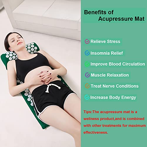 XiaoMaGe 28.7" Acupressure Mat and Pillow Set with Carry Bag (Green) | Large acupuncture mat for neck & back pain relief, muscle relaxation, circulation support, and post-workout recovery - color: Green