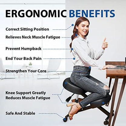 Ergonomic Kneeling Chair, Meditation Chair with Height Adjustable and Cushion for Home and Office, Posture Office Stool with an Angled Seat and Casters - size: Height Adjustable - Pneumatic