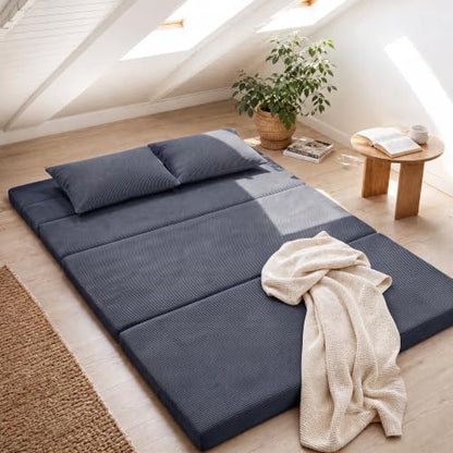 Tri-Fold Futon Mattress, Foldable Floor Mat (Navy Blue) - color: Navy Blue, size: Queen (80"L x 60"W x 3"Th)