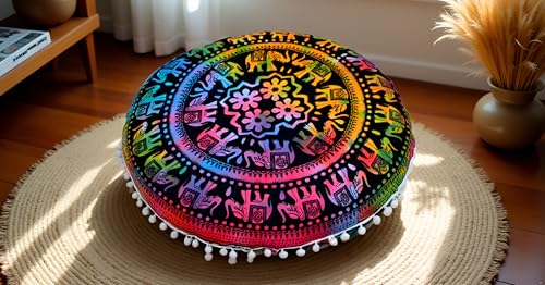 CRAFT KALA 32" Round Mandala Boho Pillow Cover Meditation India Room Seating Poufs Cover for Living Room Yoga Home Décor Bedroom Balcony Garden Decoration Cotton Floor Cushion Cover Multi U.P Elephant - color: Multi U.p Elephant, size: 32"