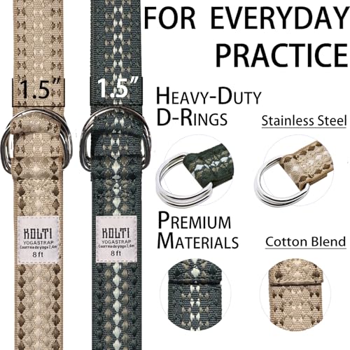 Yoga Exercise Adjustable Straps 8FT with Durable D-Ring for Pilates & Gym Workouts | Hold Poses, Stretch, Improve Flexibility & Maintain Balance - color: Blackish green&Khaki