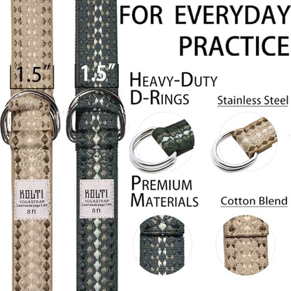 Yoga Exercise Adjustable Straps 8FT with Durable D-Ring for Pilates & Gym Workouts | Hold Poses, Stretch, Improve Flexibility & Maintain Balance - color: Blackish green&Khaki
