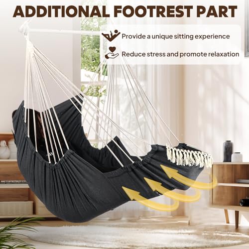 Chihee Hammock Chair Foot Rest 2 Cushions Max 485 lbs Metal Spreader Bar | Robust Hanging Chair Soft Cotton Blended Swing Collapsible Easy Storage Strong Strap Iron Carabiner Pocket Indoor Outdoor - color: Dark Grey