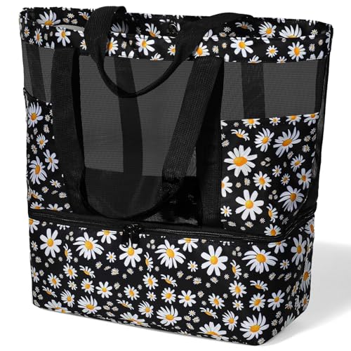 Mesh Tote Beach Bag with Leakproof Wet Compartment - color: Daisy