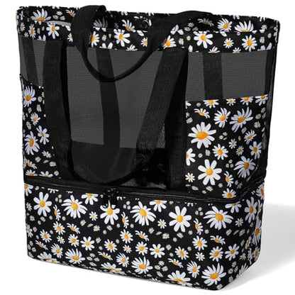 Mesh Tote Beach Bag with Leakproof Wet Compartment - color: Daisy
