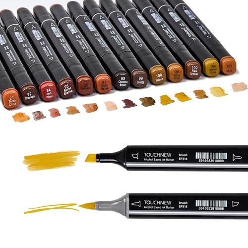 13Pcs Alcohol Markers Pure Color Series,Black Pen Barrel Dual Tip Soft Art Solid Color Markers Set for Adults Beginner Drawing Sketching (Brown) - color: Brown