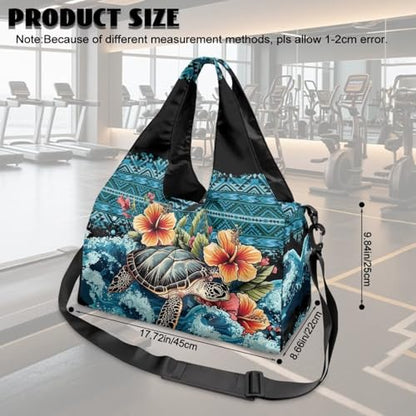 Gym Bag with Yoga Mat Holder Large Tote Bag With Multi Pockets for Women Men Dry Wet Separated Pocket Carryall Yoga Tote Bag for Pilates Travel Workout Office - color: Sea Turtle& flower