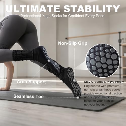 Pilates Grip Socks for Women, Non Slip Scrunch Yoga Socks for Home, Workout - color: 3pairs-blackwhitegrey