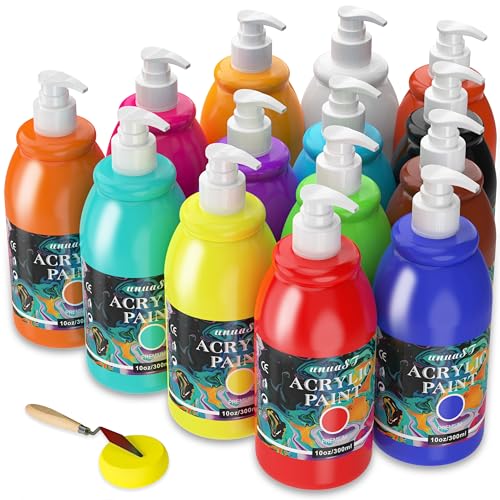 unuaST Acrylic Paint Sets for Adults, 14 Colors Large Bulk Acrylic Paints kits Rich Pigment Art Painting Supplies for Artists/Beginners, Paint Sets for Canvas with Pump, Color Wheel (10oz/300ml) - size: 10 Fl Oz (Pack of 14)